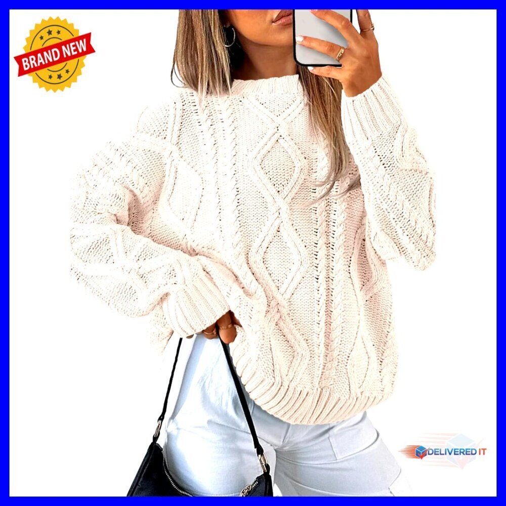 Oversized Cable Knit Crewneck Sweater, Cotton Blend, Relaxed Fit, Pullover